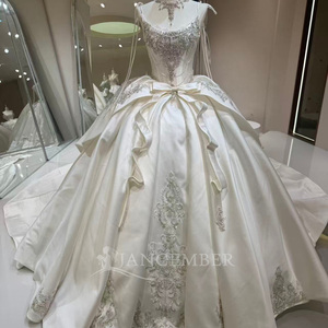 Dw0231 <b>Romantic</b> Spaghetti Strap Crystal Beaded Bodice Bow Center Embroidery Ivory Satin Ball Gown Wedding <b>Dress</b> Jancember - Product Image 6