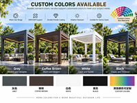 Gazebo extérieur en aluminium noir avec toit à lames motorisées, éclairage LED et moustiquaires coupe-vent pour terrasse