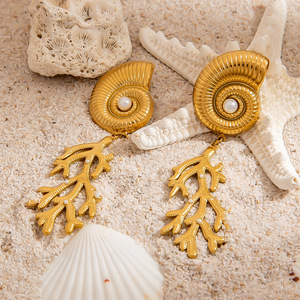 Pendientes colgantes chapados en oro de estilo europeo con diseño de perlas y coral para mujer, joyería de fiesta EH12054 - Product Image 4