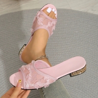 Chaussures tendance 2026 à bout ouvert roses à talon bas pour femmes, mules à talon orné de strass