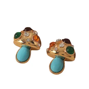 Mùa hè mới phong cách Pháp Retro Turquoise nấm bông tai cao cấp ánh sáng sang trọng màu sắc thanh lịch đá quý