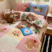 Parure de lit en flanelle épaisse à motif de Noël, ensemble de draps en polaire chaude 4 pièces, housses de couette douillettes pour l'hiver et l'automne