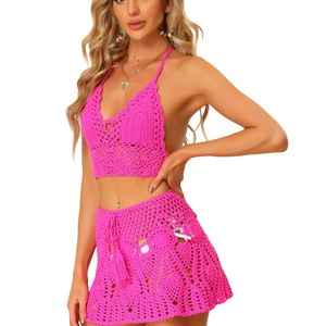 Traje de Baño de Dos Piezas de Ganchillo 3D Personalizado, Estilo Boho, con Aberturas, Top Corto con Cuello Halter y Minifalda - Product Image 3