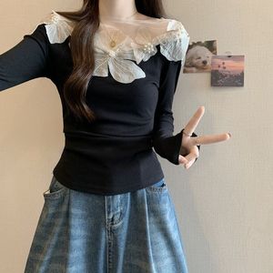 Dames 3D Bloemmotief Mesh Kraag Geribbelde Top Lange Mouw Slim Fit Casual Blouse T-Shirt Sehe Fashion - Product Image 6