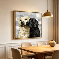 Tableau mural encadré Labrador Retriever, portrait de chien jaune et noir, cadre doré mat, décoration moderne pour appartement et condo