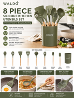 Set Peralatan Dapur Silikon Waldo 8 Buah dengan Wadah Penyimpanan, Gagang Kayu Anti-Selip, Aman untuk Mesin Cuci Piring, untuk Rumah, Restoran, dan Memanggang