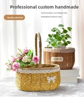 Keranjang Penyimpanan Bunga Anyaman Rotan Alami Buatan Tangan Aierflorist dengan Pegangan Bentuk Bulat/Oval, Wadah Pot Tanaman Hijau