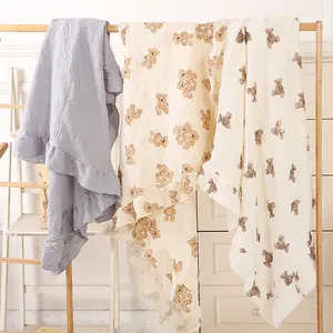 मलमल बच्चे नवजात शिशु के लिए आइटम प्राप्त कंबल बिस्तर Ruffles प्लेड बड़े कार्टून भालू घुमक्कड़ कंबल शिशु बिस्तर कवर