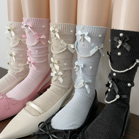 Chaussettes mi-mollet rétro pour femme, en maille de coton respirante, faites à la main, fines et amincissantes, avec nœud et chaîne de perles