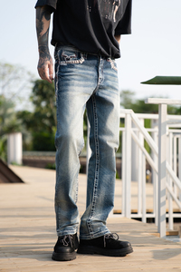 Stock Men’s Heavy Stitch <b>Embroidered</b> Straight Leg Denim <b>Jeans</b> Vintage Enzyme Washed <b>jeans</b> for men - Product Image 3