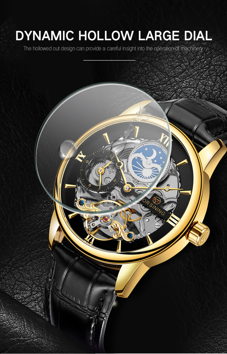 Forsining 8217 Design Hollow Engraving Black Gold Case Leather Skeleton Mechanical Watches Men Luxury Brand Heren Horloge