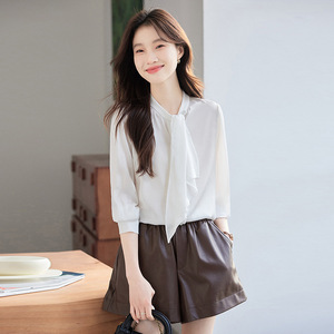 White Women's Chiffon Shirt With Ribbon <b>Tie</b> Long Sleeve Office Blouse Solid Color <b>Polyester</b> Fabric Q9977 - Product Image 1