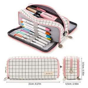 Rosa Faixa Preta GridHigh Grande papelaria saco Pen Holder 3 Compartimentos Canvas School College Office Storage Organizer