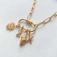 Kalung Liontin Salib Sayap Mata Jahat Nomor 2 Berlapis Emas eManco dari Baja Anti Karat, Perhiasan Kristal Lepas Pasang DIY