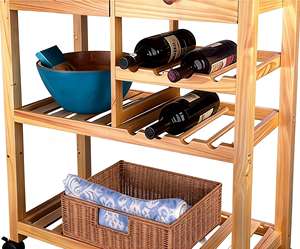 Chariot de cuisine en bois à <span class=keywords><strong>roulettes</strong></span> <span class=keywords><strong>avec</strong></span> étagères de rangement et porte-bouteille - Product Image 2