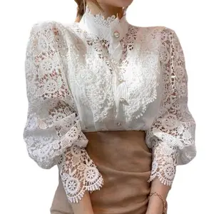 Elegant Lace Embroidery Women Blouse Petal Sleeve Hollow Out Solid Button Stand Collar Shirt Female Size 3XL Spring Tunic Shirts