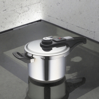 Casserole à pression en acier inoxydable avec indicateur de pression visuel, fond en aluminium à trois couches, poignée en bois, antiadhésif