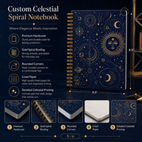 Carnet spirale personnalisé motif céleste bleu marine avec feuille d'or soleil lune étoile, conception sur mesure OEM ODM, commande en gros, usine