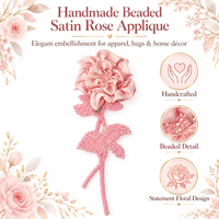 Applique de rose en satin rose perlée faite à la main, patch brodé floral à coudre pour vêtements, sacs, décoration intérieure, artisanat DIY