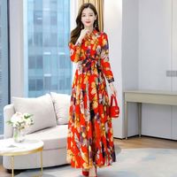 Robes longues de printemps en mousseline de soie pour femme Col de chemise imprimé floral Bouton à manches longues Nouvelle mode élégante robe décontractée pour femme