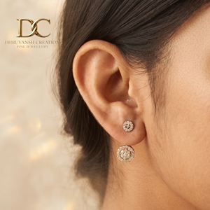 Boucles d'oreilles pendantes en or jaune massif 14 carats avec diamant de laboratoire, cercle et halo rond, bijoux fins minimalistes, cadeau pour femme - Product Image 4