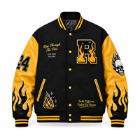 Blouson universitaire noir et jaune à motif flamme, broderie de patch personnalisée, streetwear décontracté et tendance, blouson de baseball OEM