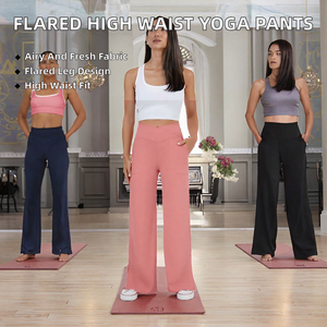 Wholesale Women Workout Outfit Fitness <b>Flared</b> <b>Leggings</b> Moisture Wicking Cross Waist Extra Longer Wide Leg Spandex/Nylon - Product Image 2