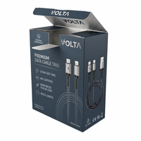 Boîte d'emballage trio de câbles de données VOLTA Premium, carton pliable imprimé sur mesure pour câble de charge 3-en-1, boîte en papier écologique
