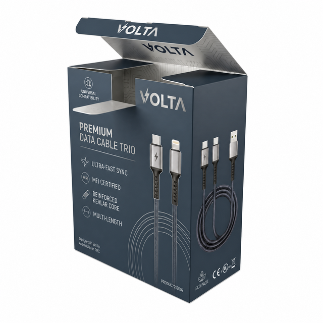 VOLTA Premium Data Cable Trio Packaging Box, Custom Printed Folding Carton for 3-in-1 Charging Cable, Eco-Friendly Paper Box