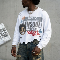 T-shirts à col rond pour hommes, personnalisés OEM, 100% coton, poids lourd, délavés à l'acide, style streetwear, coupe courte, imprimés numériquement, manches longues, effet usé