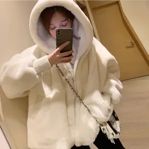 Winter white oversized faux fur jacket women with hood raglan sleeve zipper Korean fashion clothing outwear coat