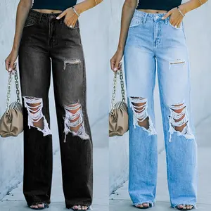 Wj180 jeans destruído feminino, jeans de cintura alta perna larga para mulheres, cintura alta