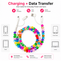 Câble de charge multi-prise USB Type C 4 en 1 avec perles rondes colorées, cordon de transfert de données