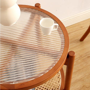 Salon moderne Table basse double couche de bureau en bois massif rotin et verre Petite table basse amovible portable pour l'extérieur - Product Image 4