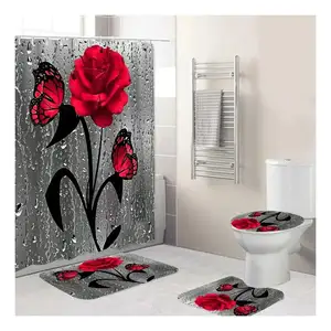 1pc/seat Rose Waterproof Bathmat & Cortina De Chuveiro, Flores Padrão Cortina De Banho Com 12 Ganchos Conjunto De Banho