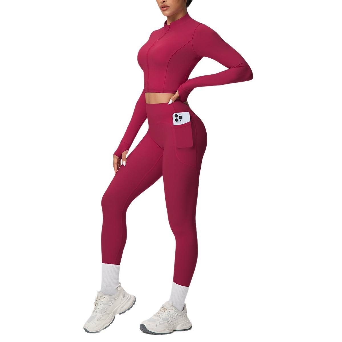 Slim-fit Breathable Solid for Short Sports Zipper Jacket & High Waist Yoga Pants 2-Piece