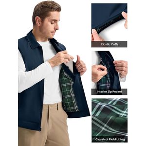 <b>Men's</b> Golf <b>Vest</b> Lightweight Zip Windbreaker Casual Summer Outerwear With Pockets And Plaid Lining - Product Image 4