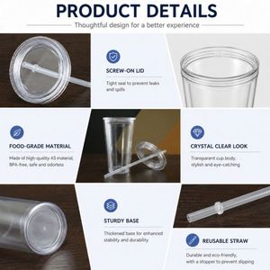 Venta al por mayor de vasos de plástico acrílico transparente de doble pared sin BPA de 12oz, 16oz, 22oz, 24oz para jugo, agua, té y café con pajita y tapas - Product Image 4