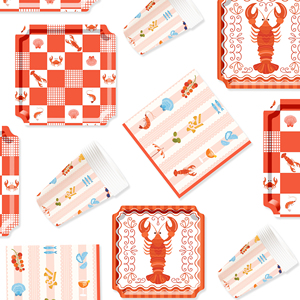 จานกระดาษลายกุ้งมังกรแดง DAMAI รูปทรงสี่เหลี่ยม แบ่งช่องเล็กๆ สำหรับอาหารทะเล พร้อมถ้วยและผ้าเช็ดปาก - Product Image 2