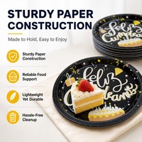 Assiettes d'anniversaire élégantes Feliz Cumpleanos, fournitures de table pour fête, assiettes en papier jetables noires et dorées avec motif de gâteau