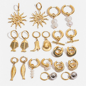 Ensemble de boucles d'oreilles pendantes élégantes, ton or, perles, poissons, soleil, bijoux de fête, acier inoxydable, boucles d'oreilles tendance - Product Image 1