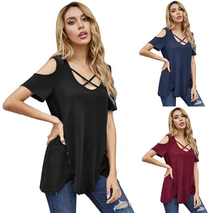 Hollow Knitted Short Sleeve Plain Polyester Women Casual T-Shirt Women's Blouses & Shirts