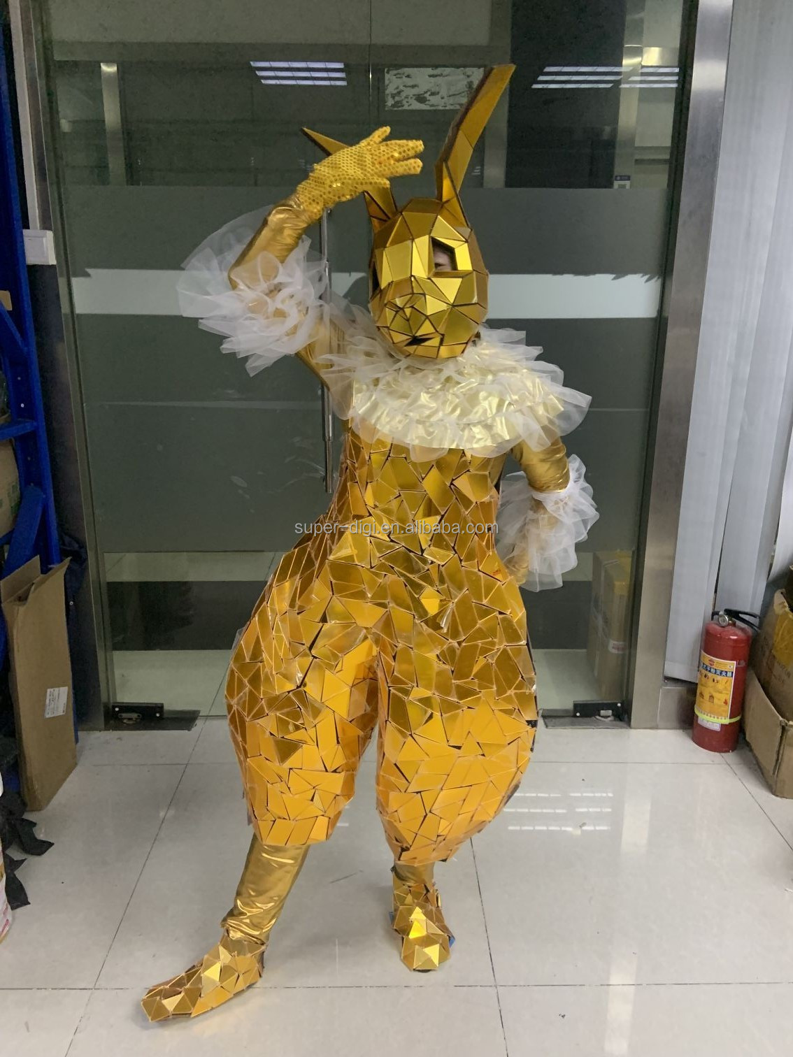 Gold Mirror Rabbit Costume - Luxury Womens Cosplay Jumpsuit for Nightclub,  Stage Performances & Parties with Rhinestones & Tassel