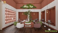 Aménagement intérieur de café chaleureux, ensemble table et chaises personnalisés pour café, mobilier moderne pour boulangerie, café, salon, bar et comptoir.