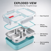 Boîte à lunch bento en acier inoxydable 304 de 1 L, étanche, 3 compartiments, récipient alimentaire micro-ondable pour les étudiants et les employés de bureau