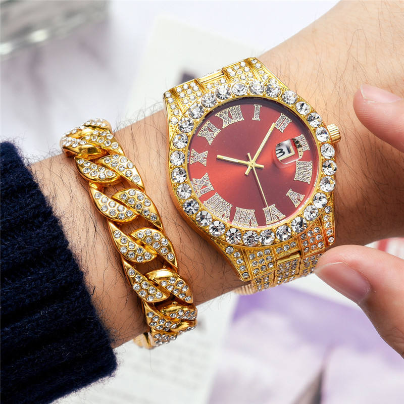 Conjunto de Reloj y Brazalete con Diamantes Completos Dorados WJ-10370,  Joyería de Lujo para Mujer, Oro de 18K, Conjuntos de Joyería de Dubái para 