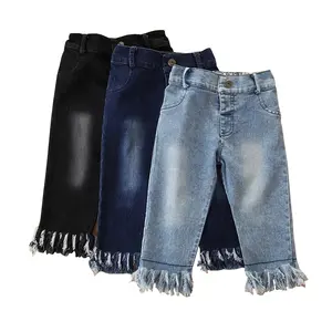 Pantalon à franges en jean pour enfant, Denim, taille élastique, droit, délavé, mode printemps automne,