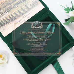 Boîte <span class=keywords><strong>d</strong></span>'invitation de mariage personnalisée en velours avec motif aquarelle, ensemble <span class=keywords><strong>d</strong></span>'invitations de luxe en acrylique vert émeraude avec <span class=keywords><strong>carte</strong></span> RSVP et sceau de cire - Product Image 4