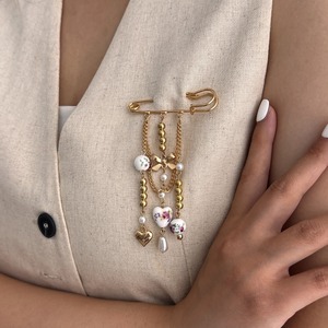 INS多要素弓セラミックラブラータッセルブローチ甘いシンプルビーズペンダントピン - Product Image 2