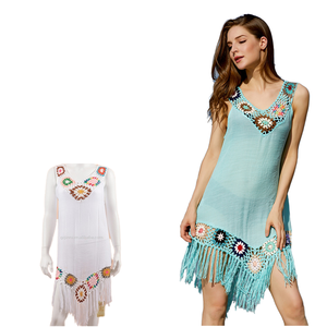 Vestido playero corto y sexy de malla con cuello redondo y botones para mujer, diseño personalizado Jinru, color azul, 1 pieza - Product Image 1